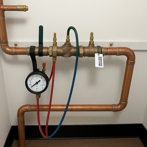 Brass backflow preventer assembly with test cocks mounted on an incoming water line